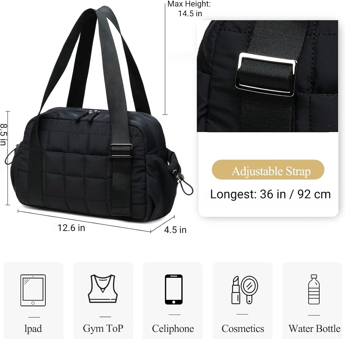 CAMTOP Mini Gym Bag for Women, Small Gym Tote Bag Puffy Quilted Sports Duffel Bag with Wet Compartment and Coin Purse Duffel Bags Dance Yoga Workout Bag for Gifts (All Black, Mini-12.6")