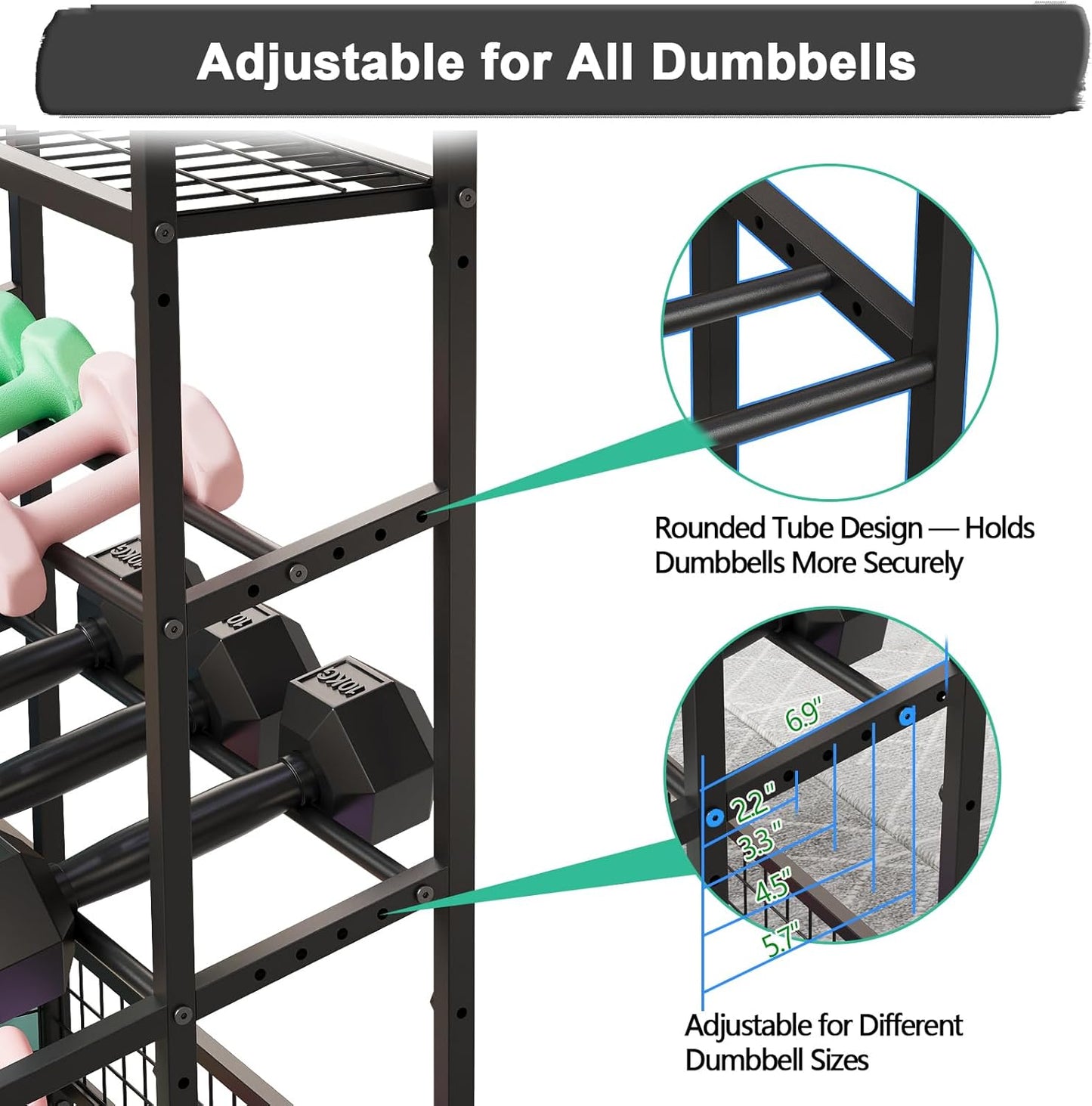 3-Tier Dumbbell Rack Stand Only - Adjustable Weight Rack for Home Gym, Heavy-Duty Weight Stand With Hooks for Dumbbells Kettlebells Foam Roller Yoga Mats Workout Equipment Storage Organizer