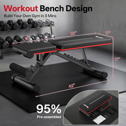 PASYOU Adjustable Weight Bench for Home Gym, Foldable Workout Benches with 660LBS, Exercise Bench for Incline Decline Flat Bench Press, Foldable Strength Bench for Daily Training