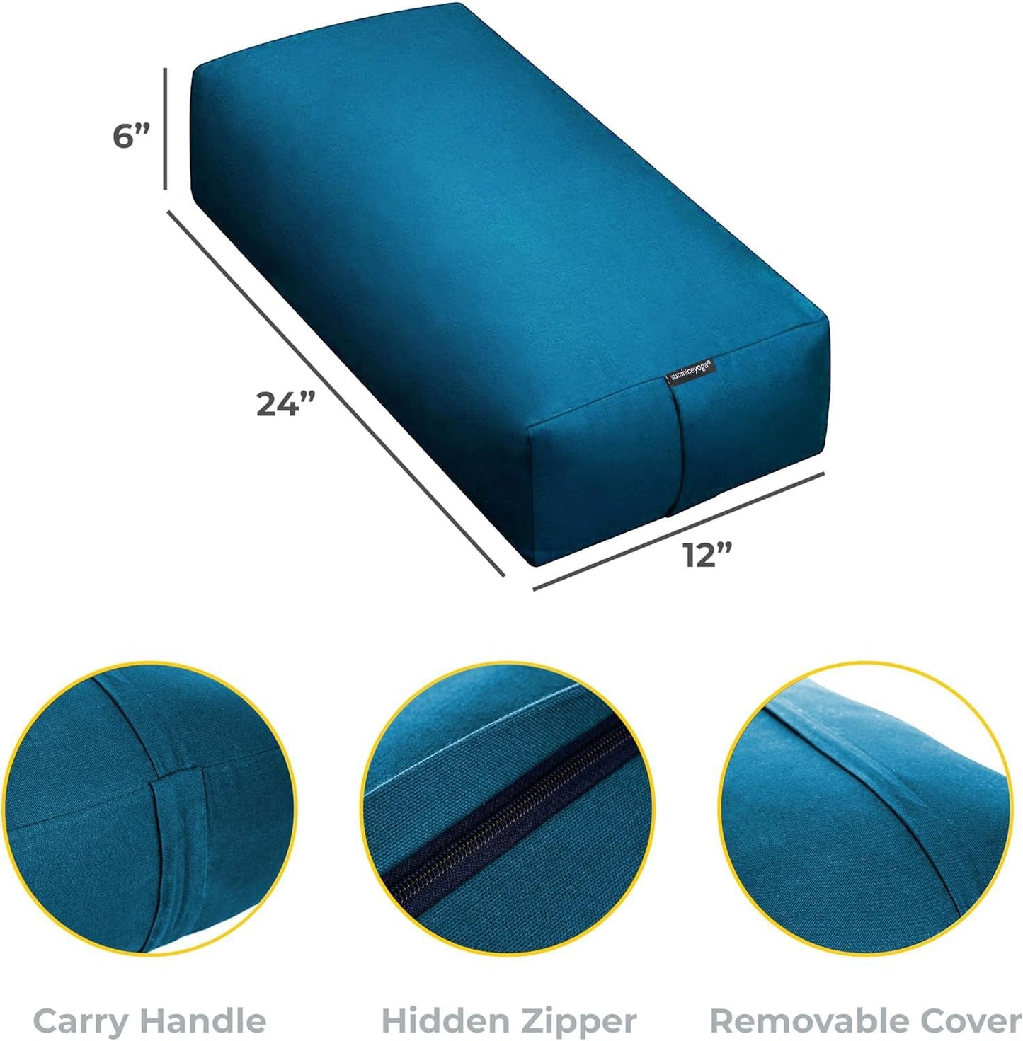 Extra Firm Large Yoga Bolster, 24" x 12" x 6" Cinched OR Zippered Yoga Pillow, Rectangular Cotton Cushion With Removable Cover for Studios, 1 Pack or 2 Pack
