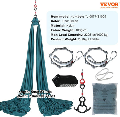 VEVOR Aerial Silk & Yoga Swing, Aerial Yoga Hammock Kit with 100gsm Nylon Fabric, Full Rigging Hardware & Easy Set-up Guide, Antigravity Flying for All Levels Fitness Bodybuilding