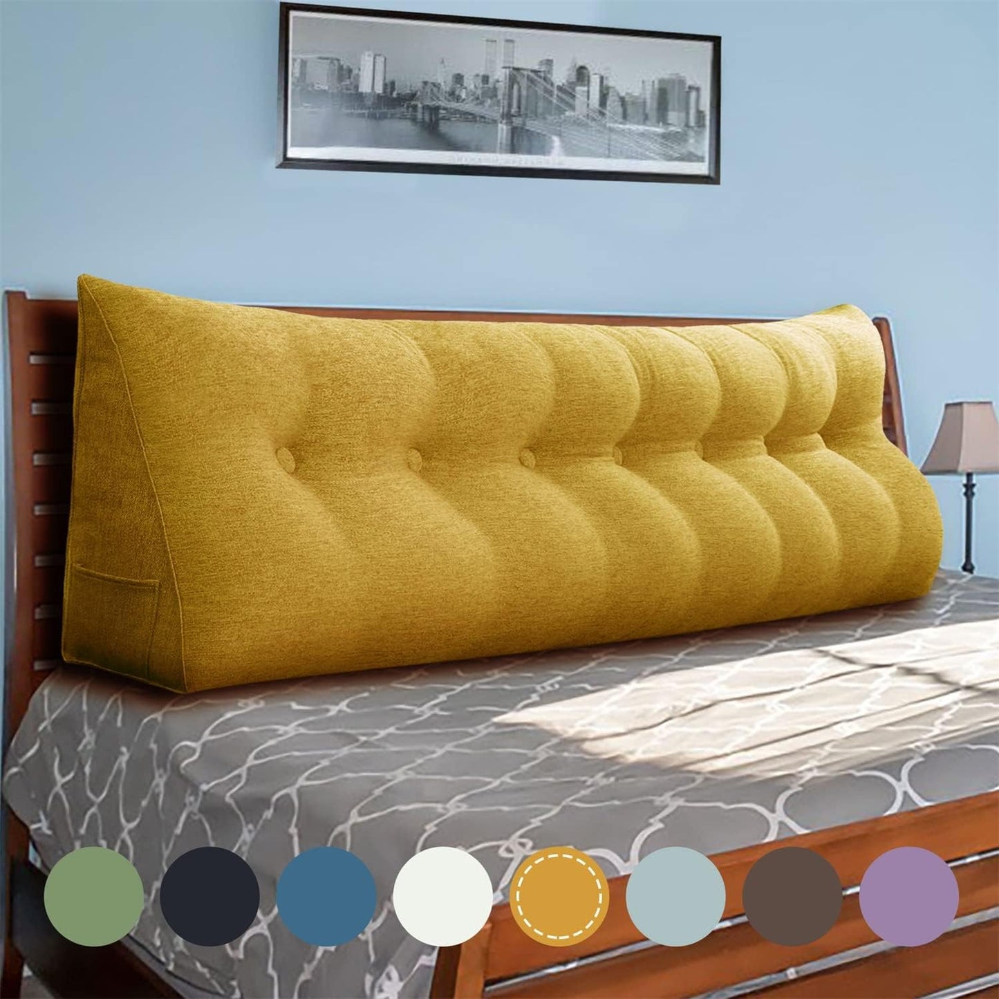 Cotton Linen Daybed Pillow Large Filled Triangular Soft Headboard Wedge Cushion Bed Backrest Positioning Support Reading Pillow for Adult Shoulder Lumbar Leg Bolster（Yellow, Small）