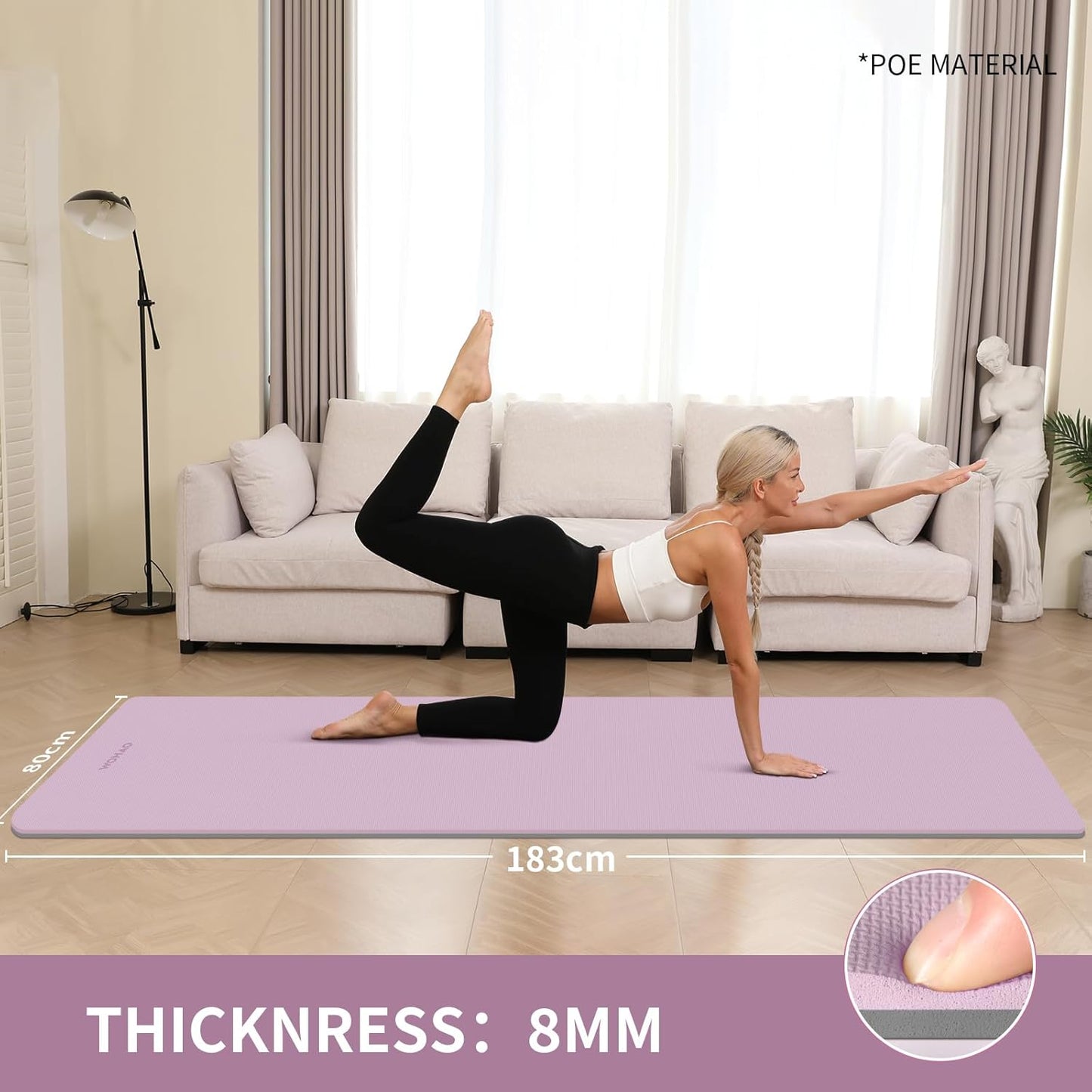 Extra Thick 8mm Yoga Mat, 72"x28" Non Slip Exercise Mat, Reversible 2-Sided Dual Color Premium POE Material, with Carrying Strap for Yoga, Pilates, Home Gym