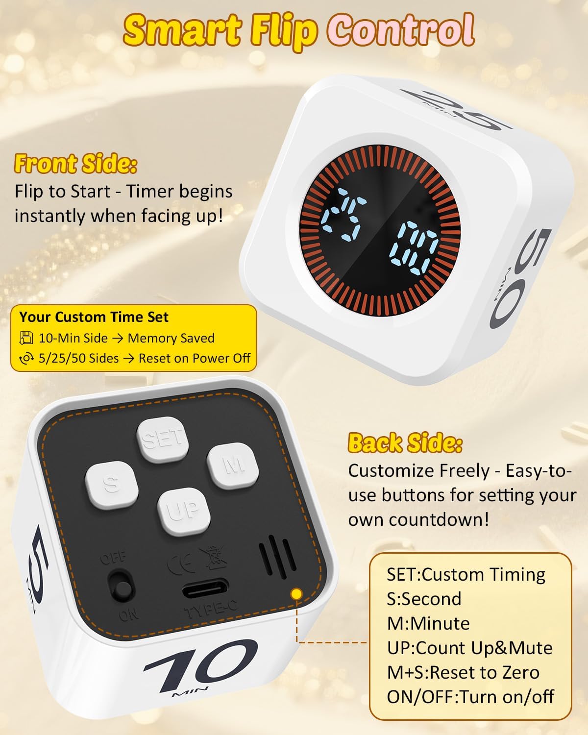 Digital Pomodoro Timer Cube 5/10/25/50min, Visual Productivity Flip Timer for Kids Classroom Desk, Custom Countdown, Silent and Sound Mode for ADHD Study Work Game Kitchen (Black)