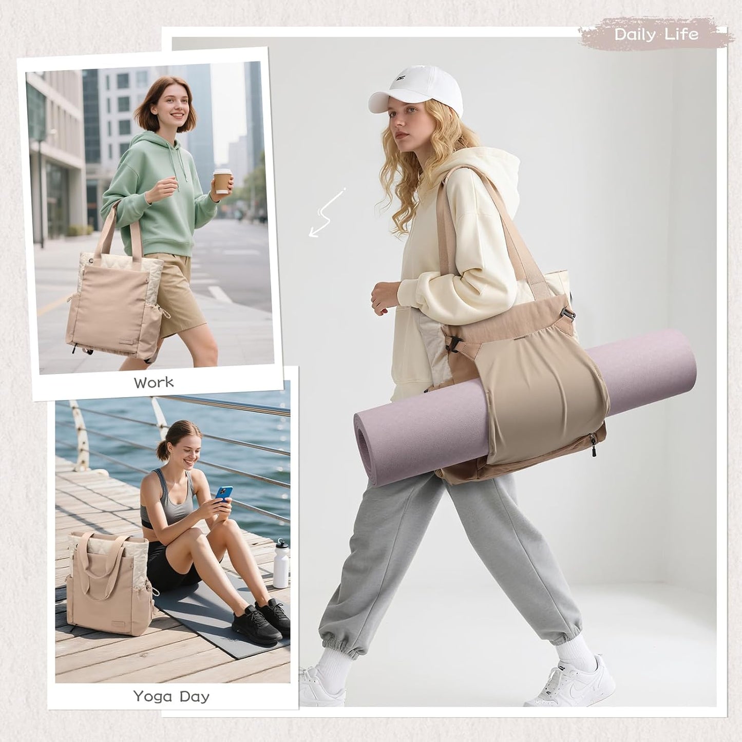 GOLF SUPAGS 3-in-1 Laptop Tote Backpack for Women 15.6" Quilted Work Gym Bag with Hidden Yoga Mat Carrier for Travel Leisure (Gravel Brown & Beige)