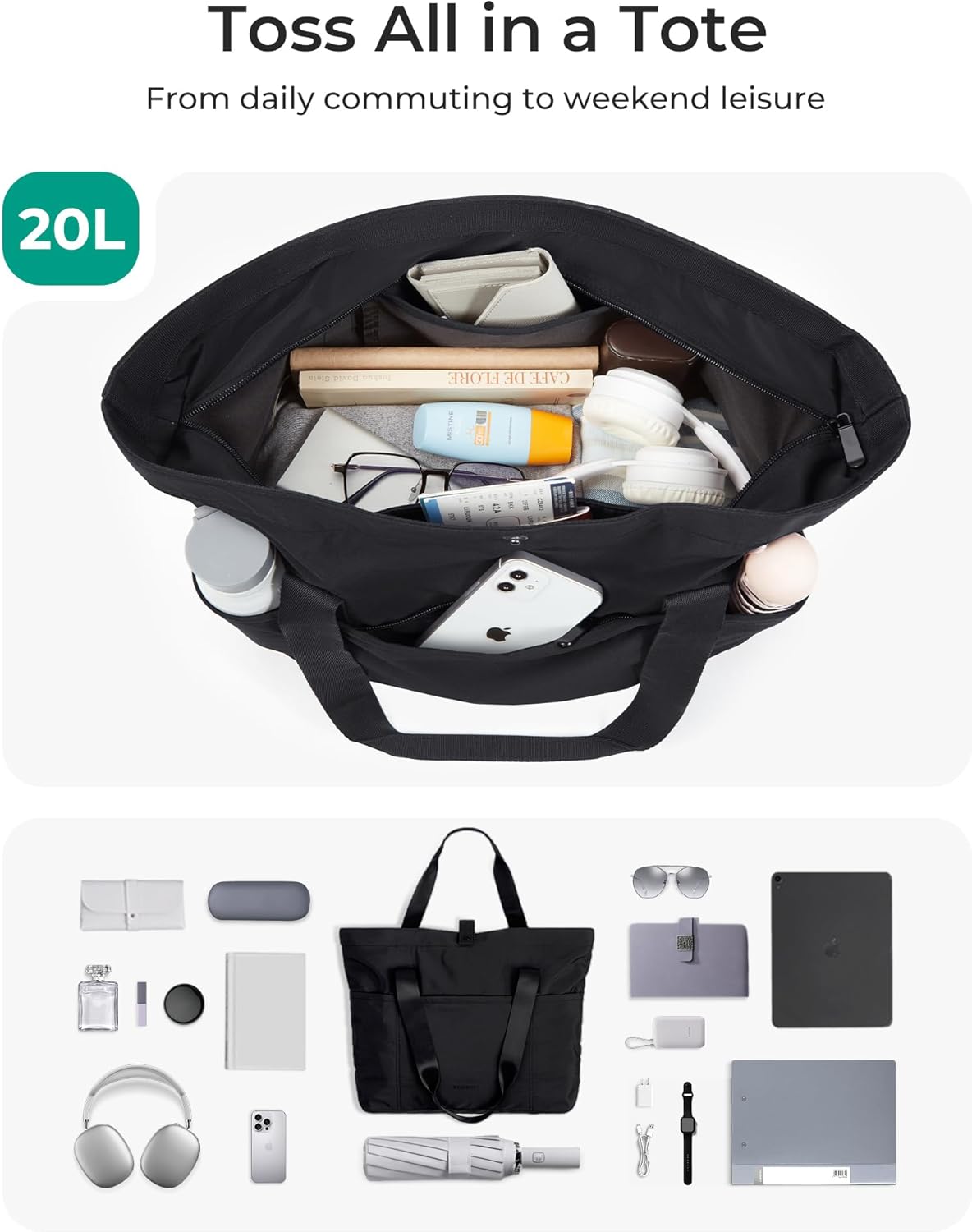 BAGSMART Tote Bag for Women, Foldable Tote Bag With Zipper Travel Shoulder Bag Handbag for Work