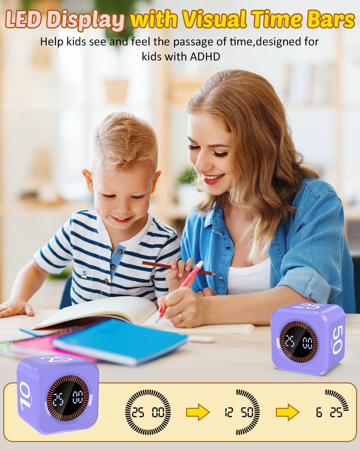 Digital Pomodoro Timer Cube 5/10/25/50min, Visual Productivity Flip Timer for Kids Classroom Desk, Custom Countdown, Silent and Sound Mode for ADHD Study Work Game Kitchen (Black)