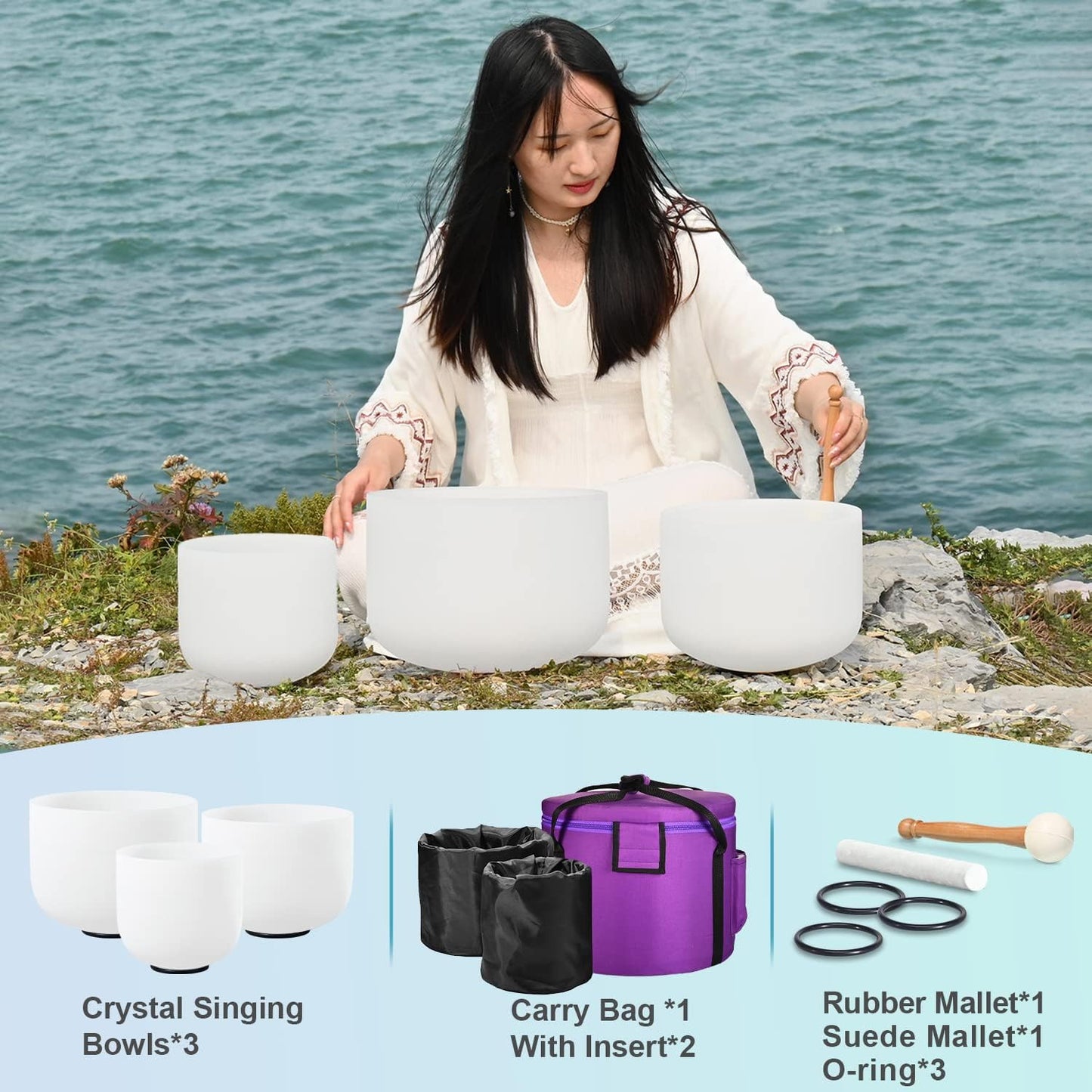 CVNC 440HZ 7"G+9"E+11"C 3 PCS Frosted Crystal Singing Bowls Set with Bag Mallets and Rubber O-rings for Sound Healing Bath Therapy Meditation Yoga Instrument Zen