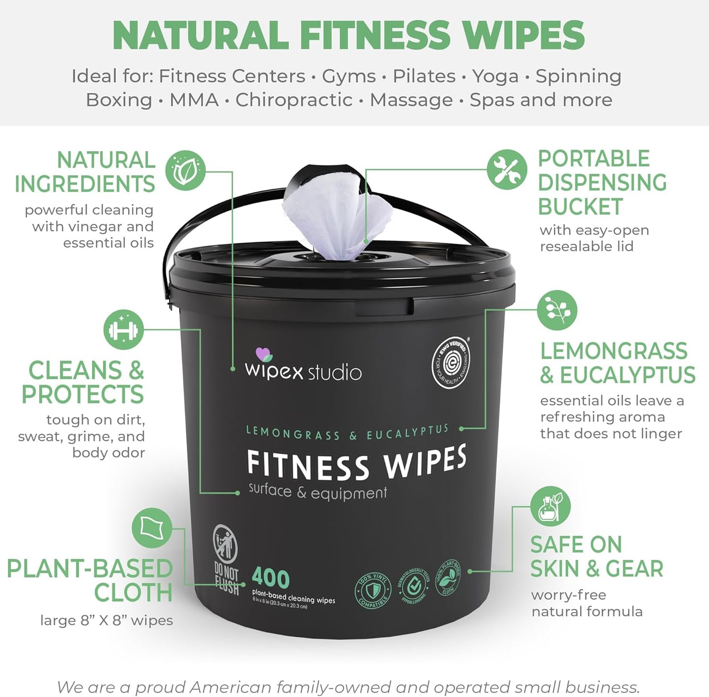 Wipex Yoga Mat Cleaner Wipes, EWG Verified, 400 Ct Plant-Based Lemongrass, Eucalyptus & Vinegar Wipes for Gym & Fitness Equipment & All Purpose Gym Cleaning - Safe for Peloton Bikes & Treadmills