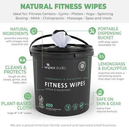 Wipex Yoga Mat Cleaner Wipes, EWG Verified, 400 Ct Plant-Based Lemongrass, Eucalyptus & Vinegar Wipes for Gym & Fitness Equipment & All Purpose Gym Cleaning - Safe for Peloton Bikes & Treadmills