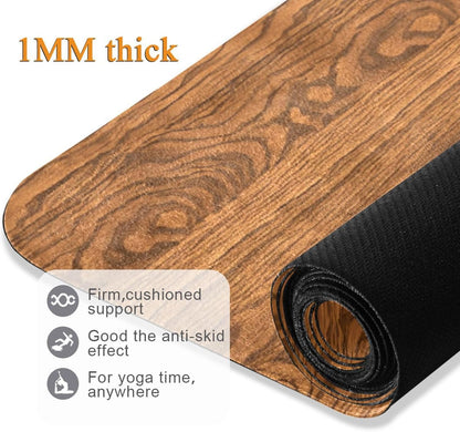Kigai Travel Yoga Mat 71" x 24" Non Slip Natural Rubber Foldable Exercise Mat Ultra Thin 1.5mm Lightweight for Fitness, Pilates & Home Workout, Wood Print