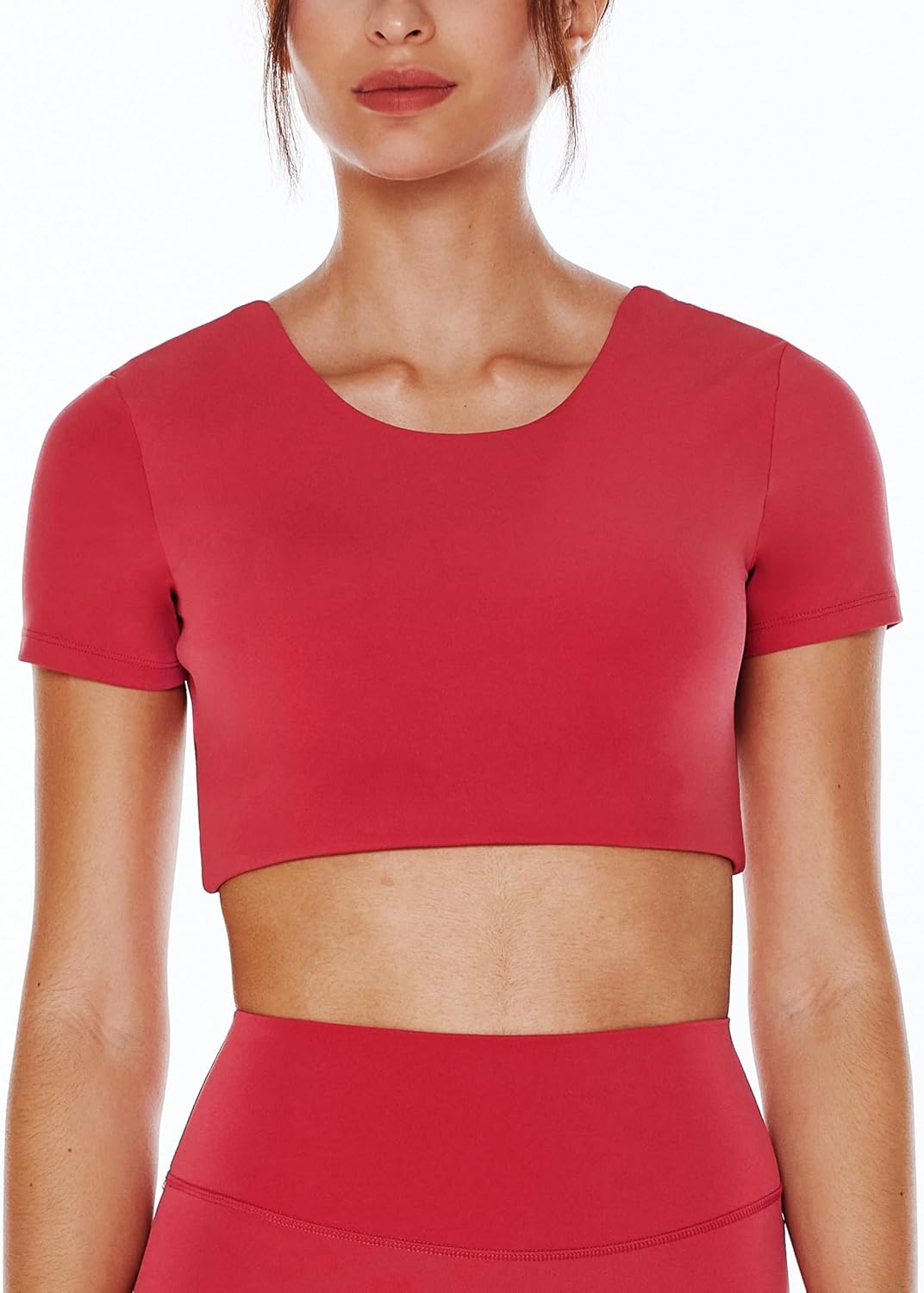ENERBLOOM Open Back Workout Crop Tops for Women Backless Yoga Shirts Gym Short Sleeve Mild Support Compression Tee with Bra