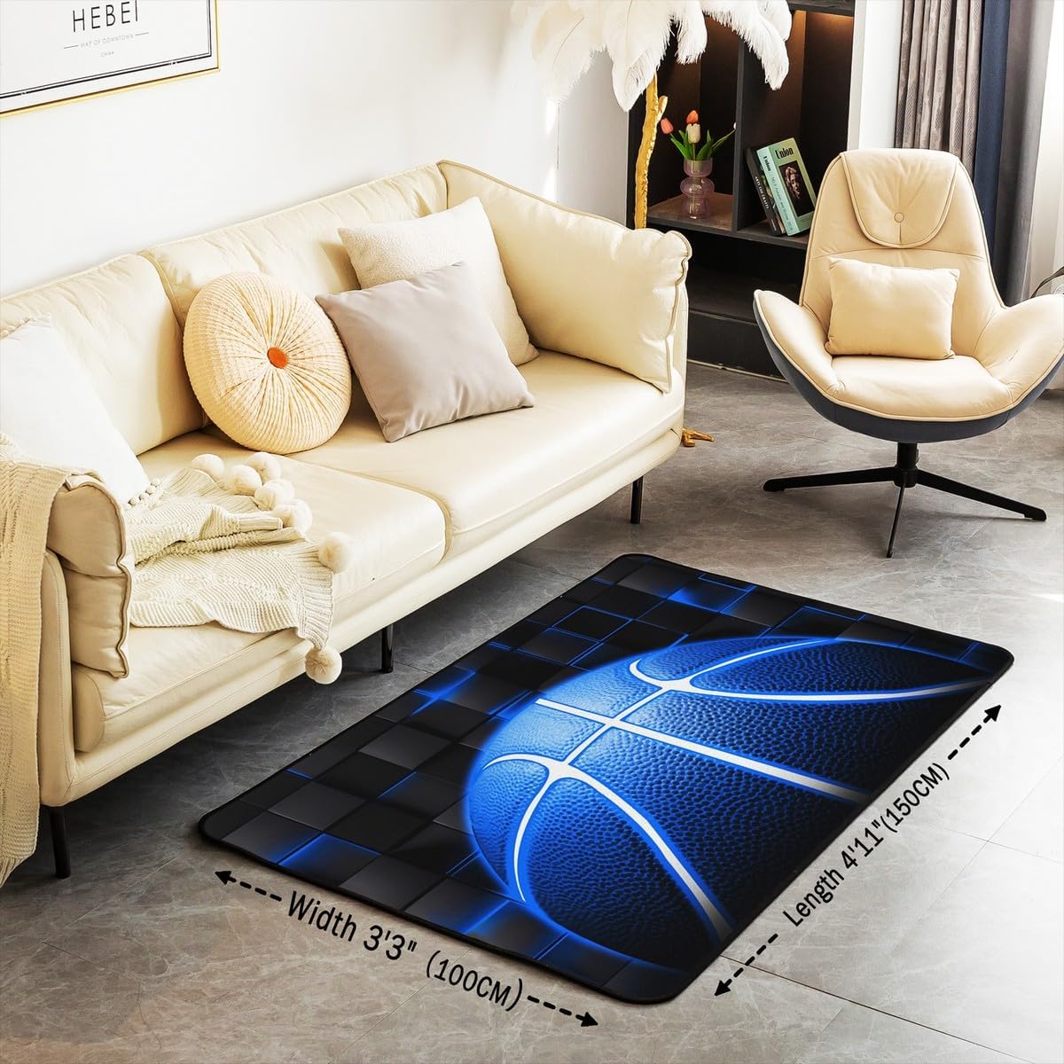 jejeloiu Basketball Living Room Rugs for Bedroom 5x7 Kids Gaming Sports Decor Carpet for Boys Girls Teens Ball Games Area Rug Soft Gift for Basketball Lover Grey and Black Room Decor