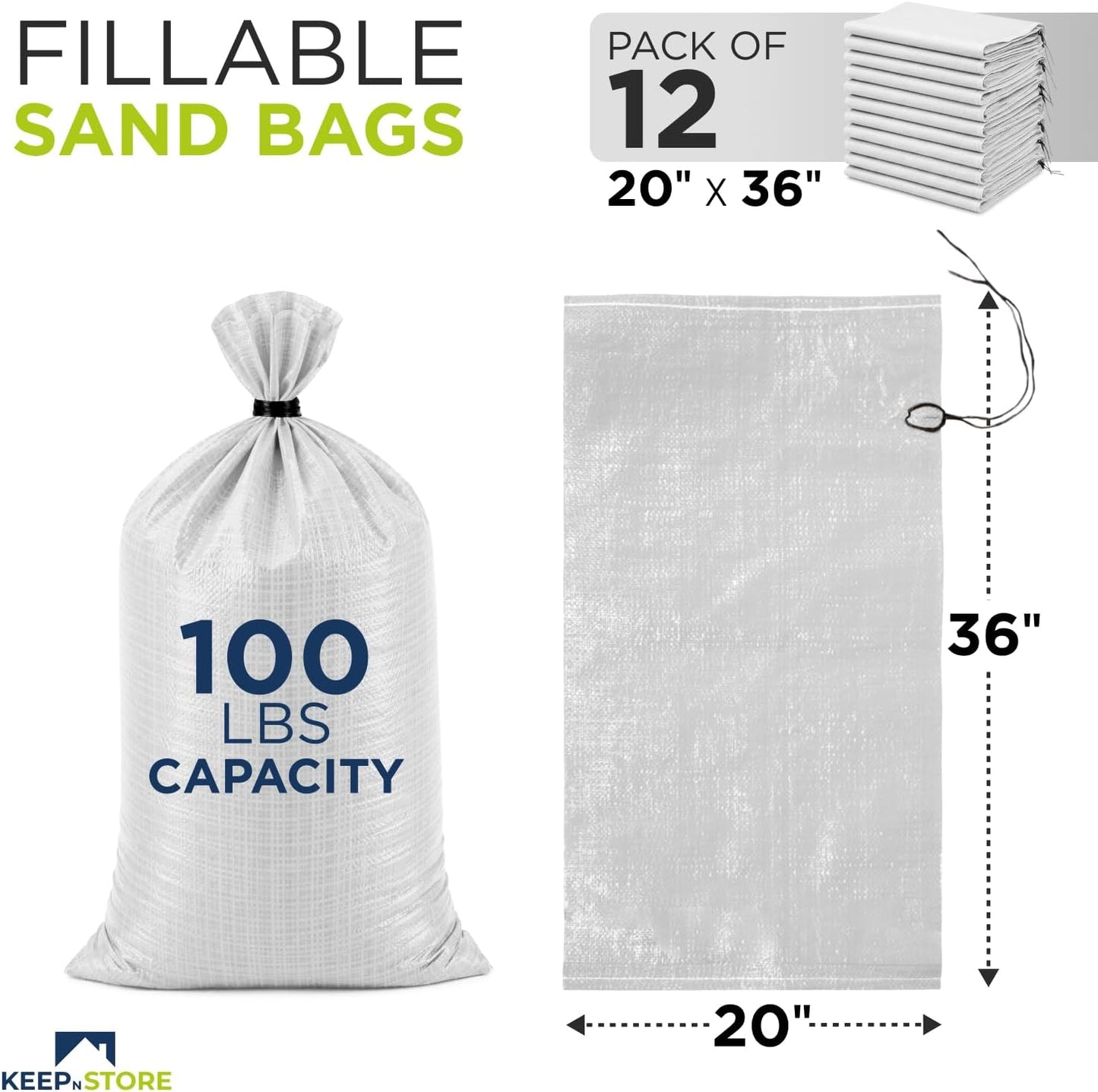 Heavy Duty Sand Bags Pack of 3, White Empty Sandbags with Built-In Ties, Woven Polypropylene UV Protection 1600 Hours, Fillable Sand Bags for Flood Control, Weight, 10x14 inches, 15 Pounds Volume