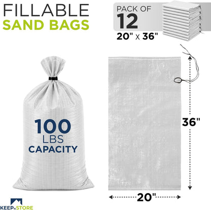 Heavy Duty Sand Bags Pack of 3, White Empty Sandbags with Built-In Ties, Woven Polypropylene UV Protection 1600 Hours, Fillable Sand Bags for Flood Control, Weight, 10x14 inches, 15 Pounds Volume
