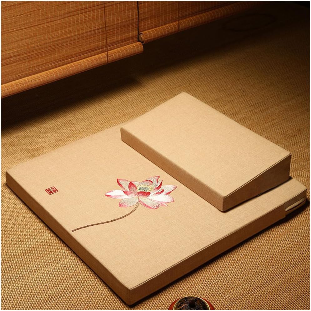 Square Meditation Cushion Mat Set with Washable Cotton Linen Cover and Embroidered Lotus, Larger Yoga Mat Bolster Floor Pillows Seating for Adults Meditation Accesso red-60cm