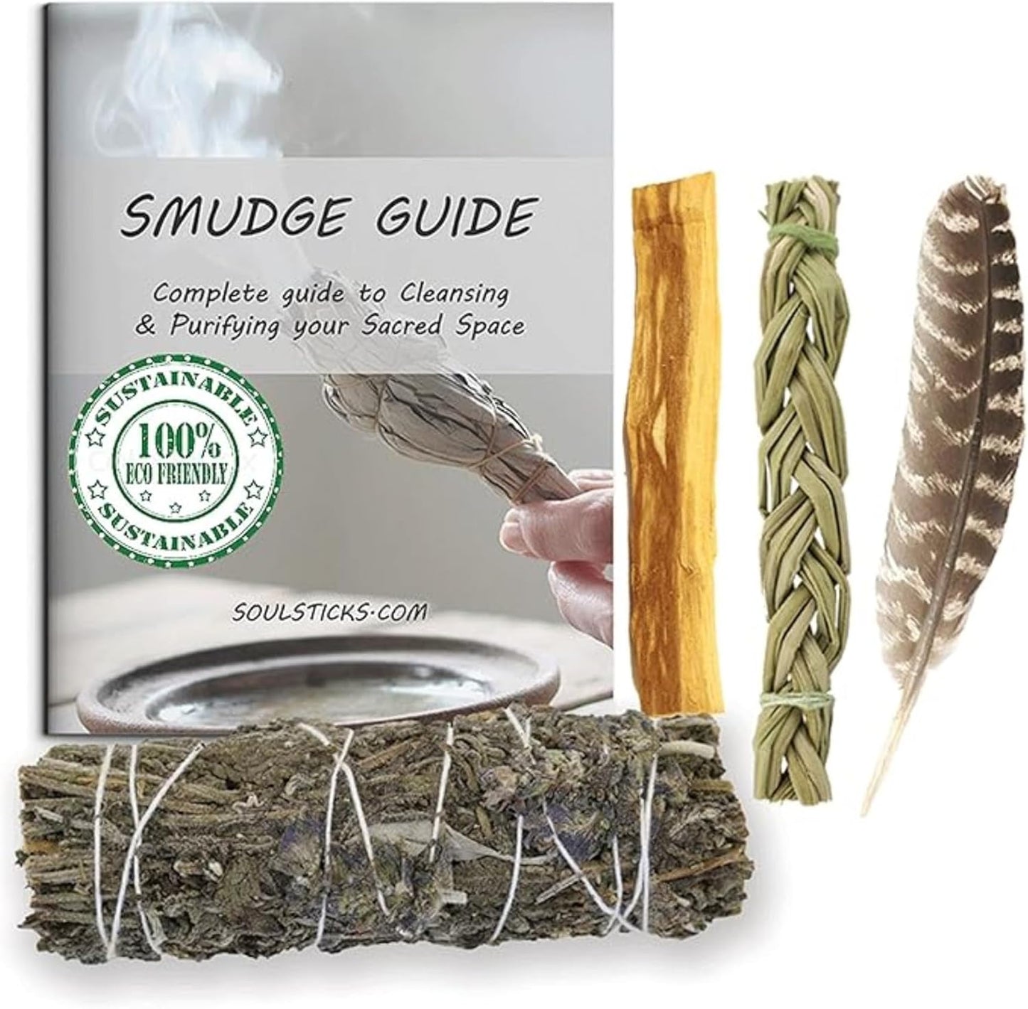 Ancient VEDA Organic Smudge Kit – Yerba Santa, Palo Santo, Sweetgrass Braid, Feather & Smudge Guide | Home Cleansing Kit for Meditation, Yoga, Energy Healing & Gift (Starter Kit, Yerba Santa Sage)