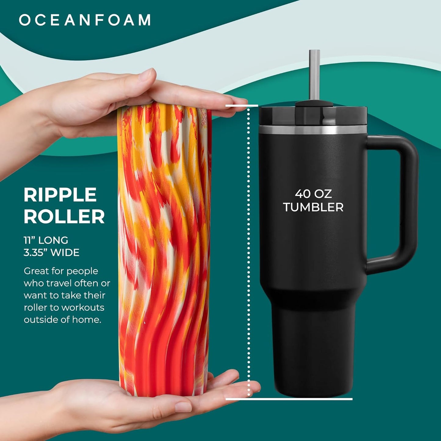 Oceanfoam Ripple Travel Foam Roller (11" x 3.35") Firm Mini Foam Roller for Physical Therapy, Deep Tissue Massage, Back Pain - High Density, Ergonomic Wave Textured - Yoga, Pilates, Exercise (Natural) - Colors A