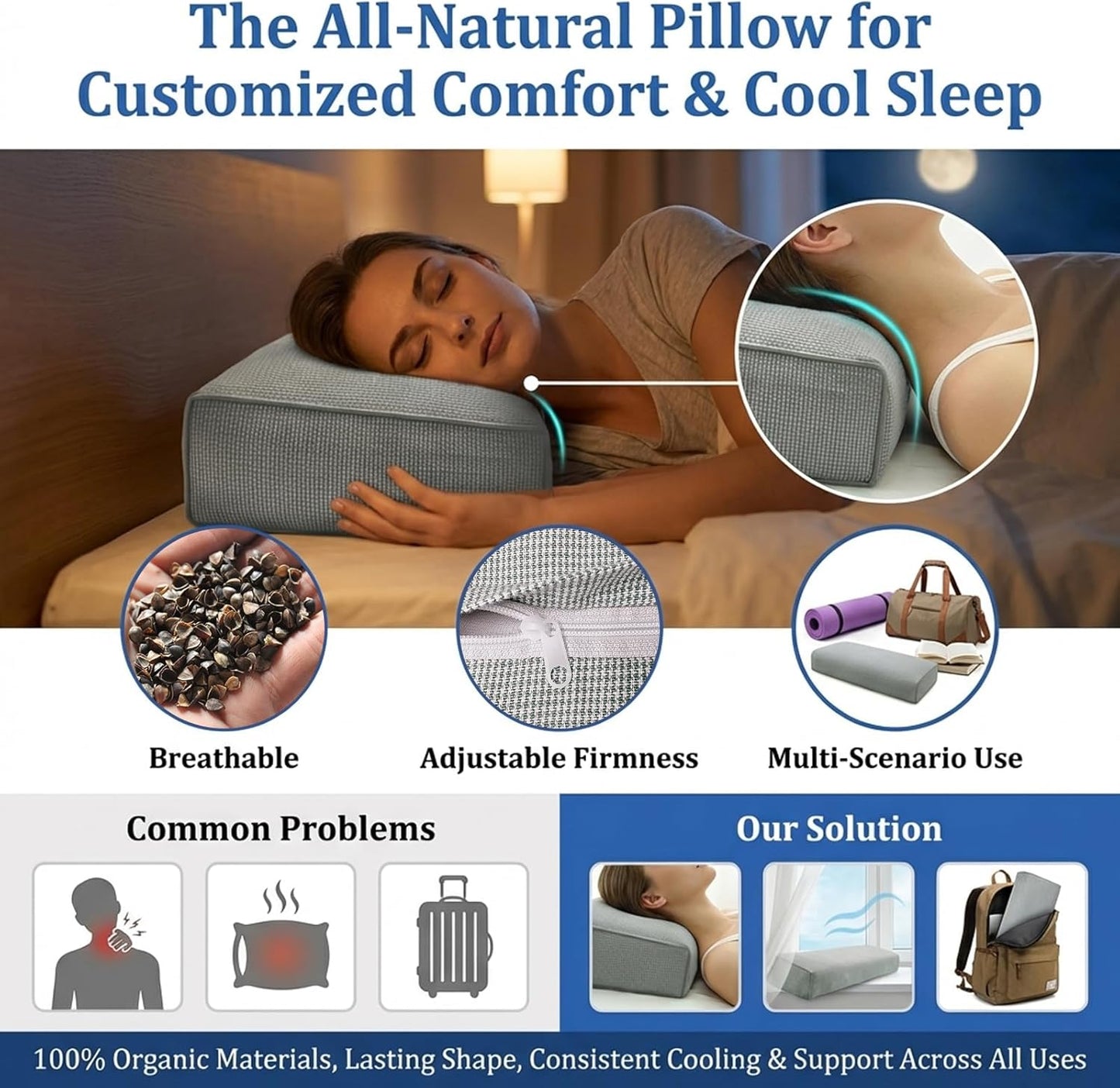 Adjustable Buckwheat Hull Pillow for Neck Pain Relief (21x8x4in) Natural Cooling Cervical Support Organic Pillow for Side & Back Sleepers with Night Sweats (Grey)