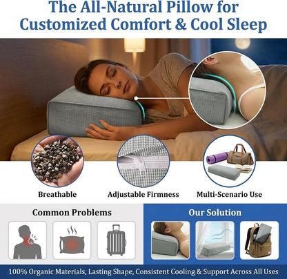 Adjustable Buckwheat Hull Pillow for Neck Pain Relief (21x8x4in) Natural Cooling Cervical Support Organic Pillow for Side & Back Sleepers with Night Sweats (Grey)