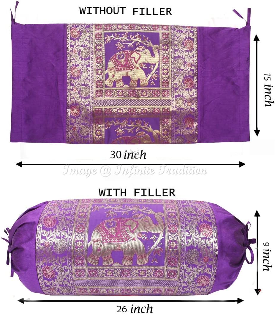 Indian Silk Bolster Tube Pillow Cover Cylindrical Purple Yoga Large Couch Round Decorative Cushion Cover Home Decor Living Room Elephant Throw Cushion Cover 30x15 inch (76x38cm) - 1 Pc.