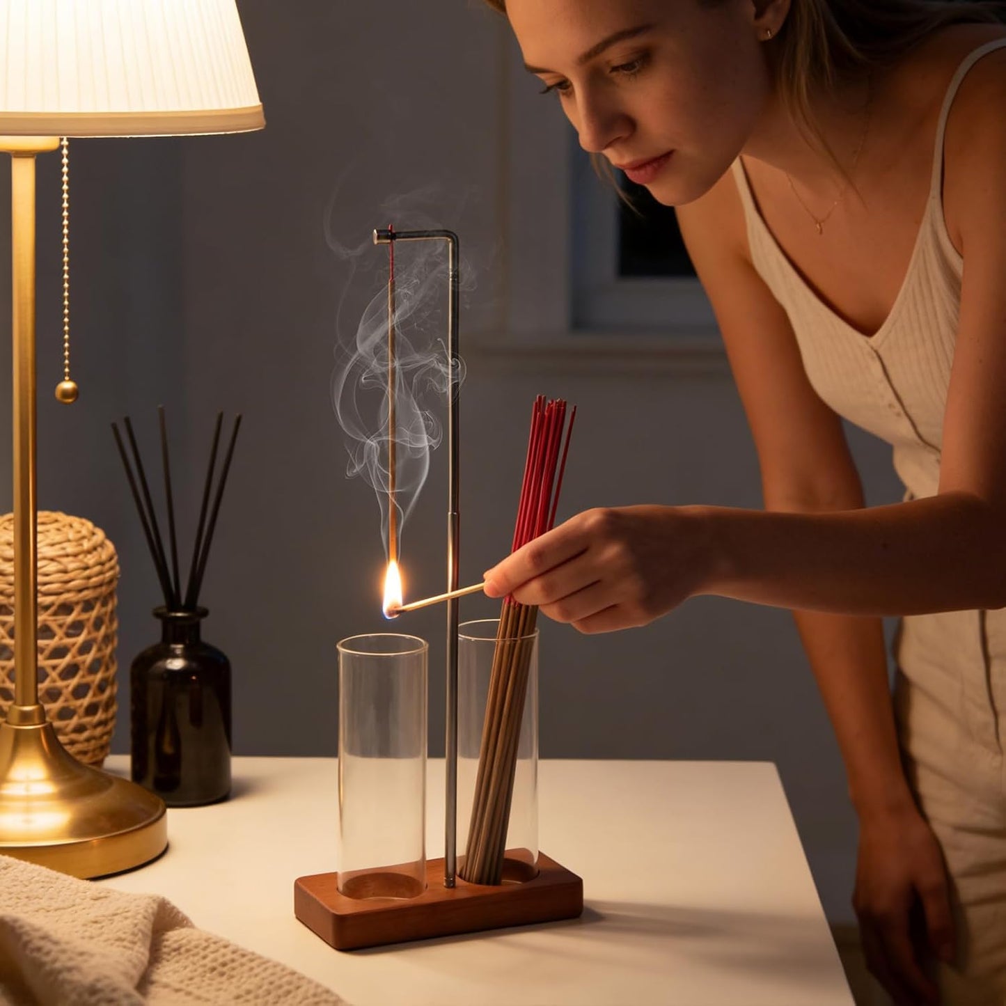 Incense Holder for Sticks, 2 in 1 Incense Burner with Glass Ash Catcher & Storage, Upside Down Incense Holder, Adjustable Stem with Threaded Lock for Yoga Spa Home Decor (Extends 8.7"-13.4")