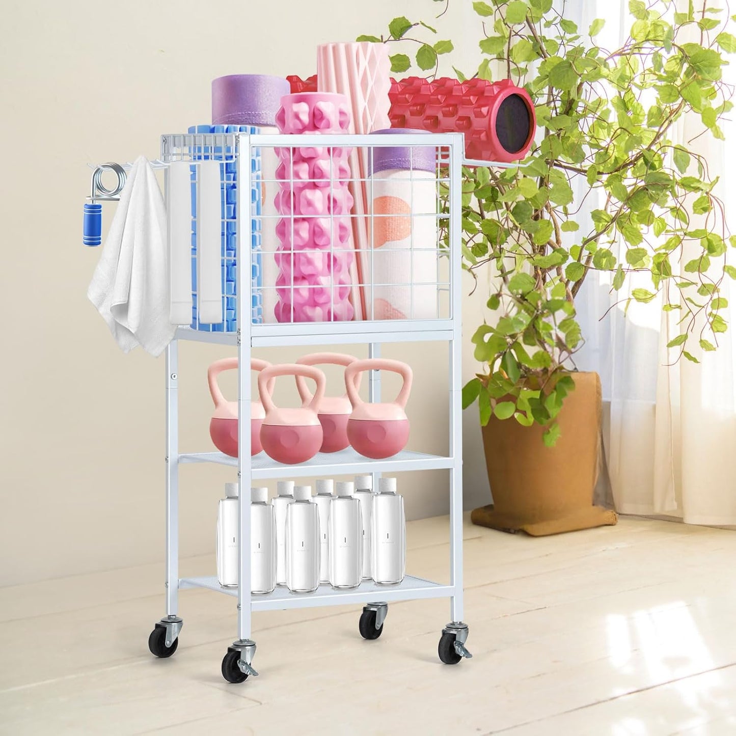 Dumbbell Rack for Home Weight Rack for Home Gym Yoga Mat Storage Rack Black Workout Equipment Storage Organizer with Hooks Yoga Mat Holder with Wheels for Yoga Block, Dumbbell, Resistance Band