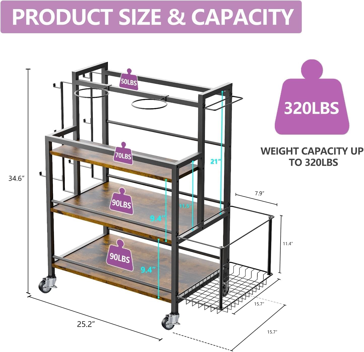 EasyCom Home Gym Storage, 4 Tier Large Capacity Rack for Dumbbells Kettlebells Foam Roller, Yoga Mat Strap and Resistance Bands, Exercise/Workout Equipment Storage Gym Organizer With Hooks and Wheels