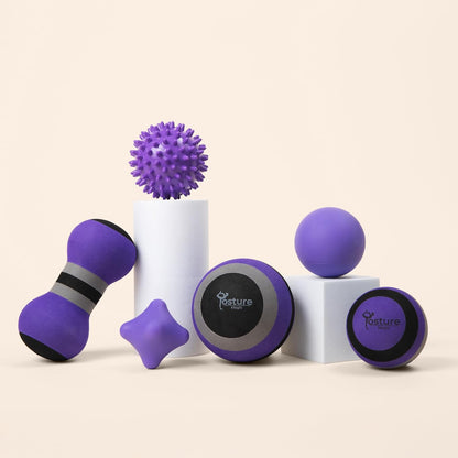 Posture Magic Massage Ball Kit for Myofascial Trigger Point Release & Deep Tissue Massage - Set of 6 - Large Foam/Small Foam/Lacrosse/Peanut/Spiky/Hand Exercise Ball (Purple)