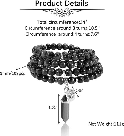 Jovivi 108 Mala Beads Bracelet 8mm Natural Amethyst Rose Quartz Healing Crystal Stone Mala Prayer Bead Necklace Hexagonal Prism Gemstone Reiki Pointed Pendant for Yoga Meditation Energy Balancing