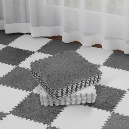 Flutesan 15 Pcs Winter Plush Puzzle Foam Floor Mat Interlocking Carpet Tiles Anti Slip Soft Warm Squares EVA Foam Crawling Rug for Play Floor Playroom Bedroom Nursery(Gray)