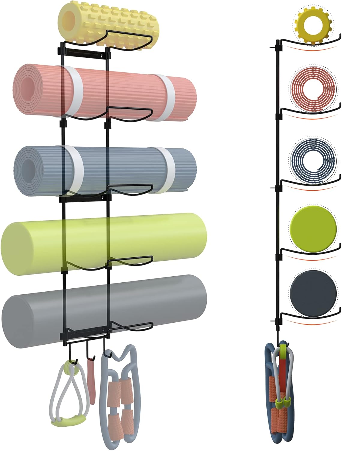 Yoga Mat Holder Wall Mount, Wall Rack Organizer, Storage Foam Roller and Block, with 5 Sectional and 3 Hooks for Hanging Yoga Strap, Resistance Bands at Fitness Class or Home Gym, Decor(Black)