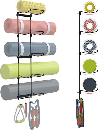 Yoga Mat Holder Wall Mount, Wall Rack Organizer, Storage Foam Roller and Block, with 5 Sectional and 3 Hooks for Hanging Yoga Strap, Resistance Bands at Fitness Class or Home Gym, Decor(Black)