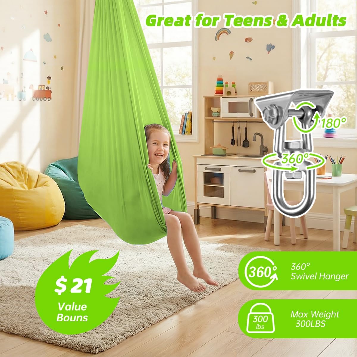 Aokitec Therapy Swing for Kids with Special Needs (Hardware Included) Snuggle Swing Cuddle Hammock Indoor Adjustable Aerial Yoga for Children with Autism, ADHD, Asperger, Sensory Integration