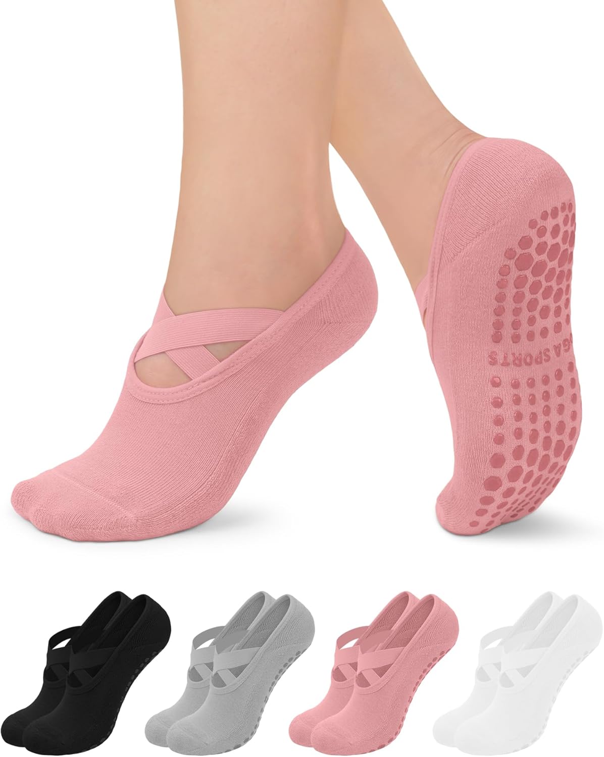 yeuG Pilates Socks for Women Non Slip Grip Socks for Yoga, Barre, Hospital, Barefoot Grippy Yoga Sock Womens Gifts 4 Pairs