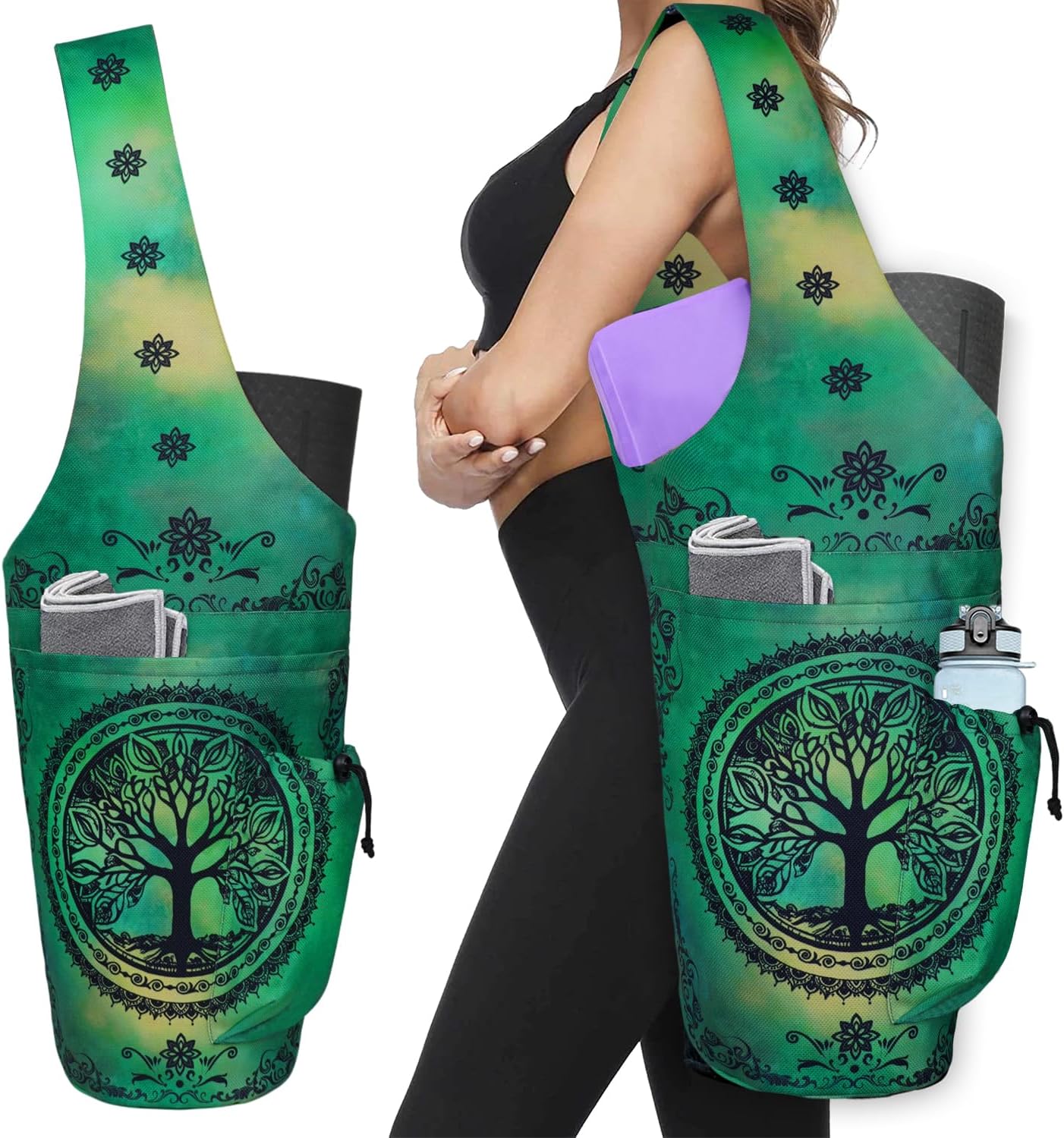 Yoga Mat Bag - Large Opening Long Tote Yoga Mat Carrier Holder Bag with Waterproof Wet Zipper Pocket and Drawstring Water Bottle Pocket - Yoga Bag Fit Most Size Mats