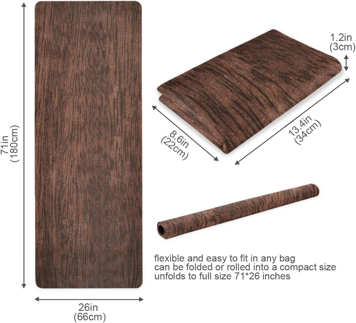 YETTASBIN Brown Solid Wood Yoga Mat for Women Men, Non Slip Exercise Mat Portable Travel Workout Mat with Storage Bag for Home Yoga, Pilates, Fitness 71x 26 Inch