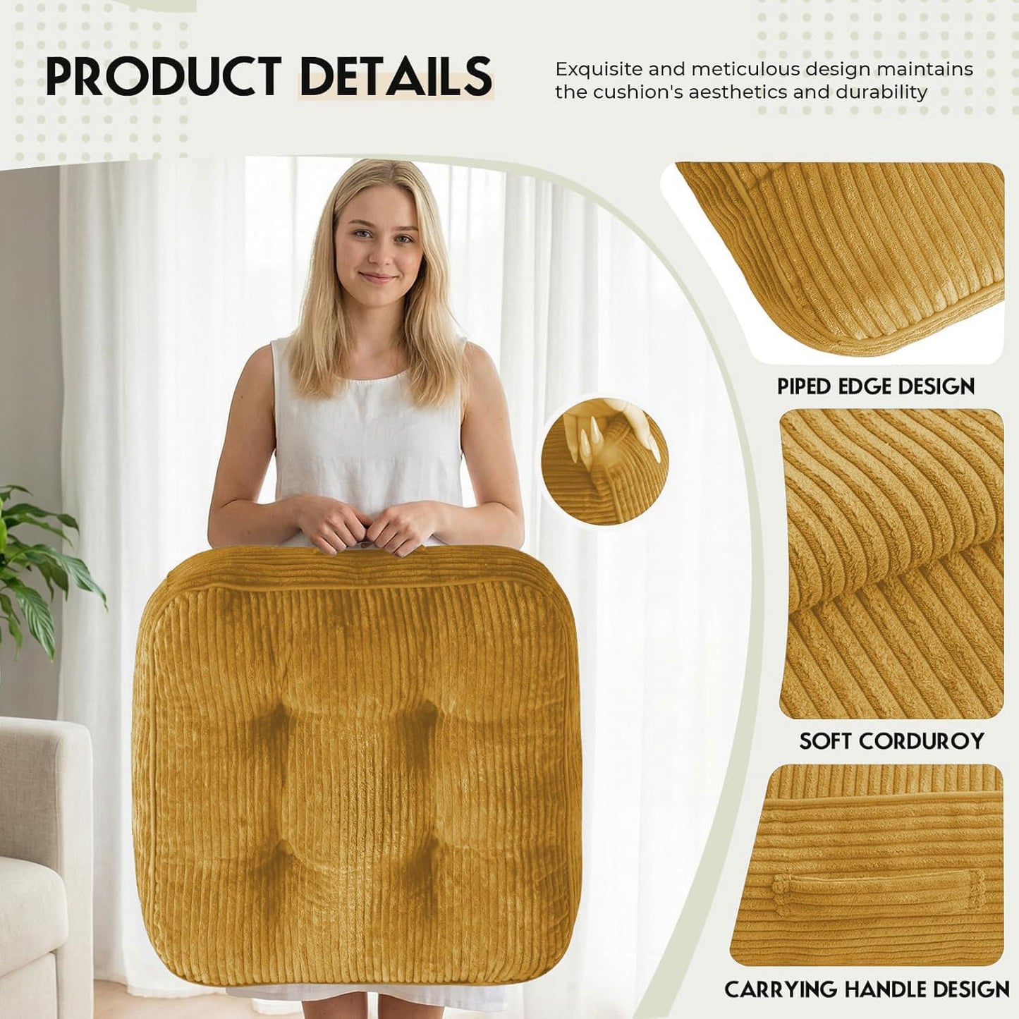 11" Thick Washable Floor Pillow for Adults, Yoga & Meditation Cushion with Handle, Square Large Pillows Seating with Removable Tufted Corduroy Cover for Tatami Living Room Board Games, Blind Shape