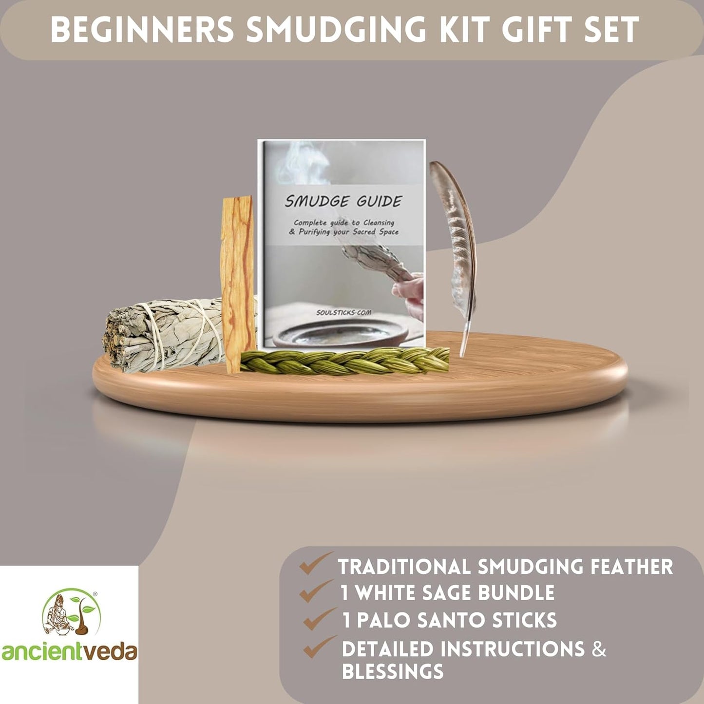 Ancient VEDA Organic Smudge Kit – Yerba Santa, Palo Santo, Sweetgrass Braid, Feather & Smudge Guide | Home Cleansing Kit for Meditation, Yoga, Energy Healing & Gift (Starter Kit, Yerba Santa Sage)