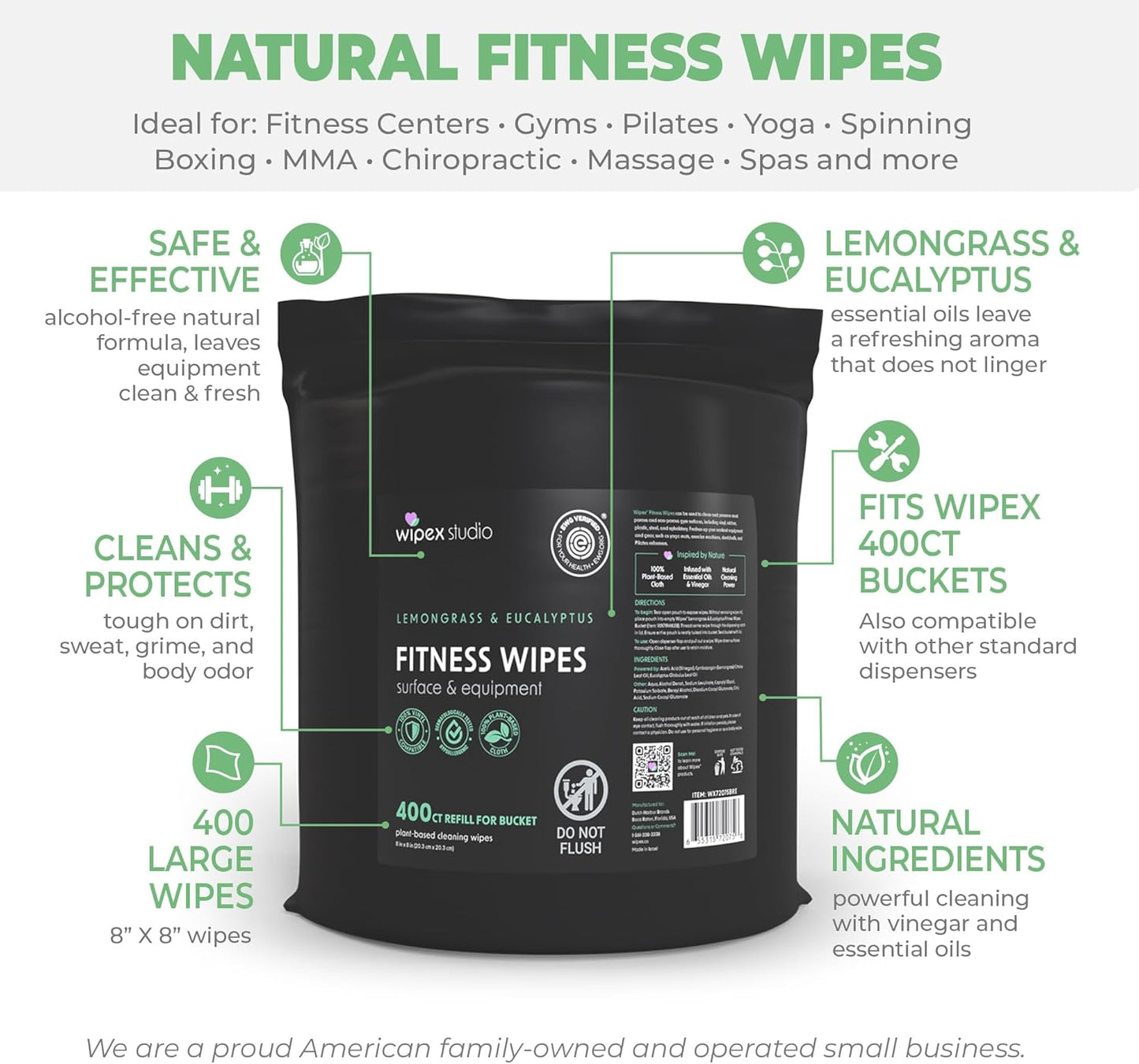 Wipex Fitness Wipes Bucket Refill Roll - EWG Verified - Plant-based Fitness Equipment Wipes, Lemongrass, Eucalyptus & Vinegar to Clean Surfaces, Yoga Mat & Gym Cleaner and Peloton Bikes, 400 Count