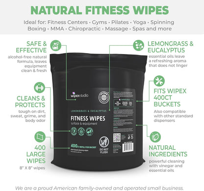 Wipex Fitness Wipes Bucket Refill Roll - EWG Verified - Plant-based Fitness Equipment Wipes, Lemongrass, Eucalyptus & Vinegar to Clean Surfaces, Yoga Mat & Gym Cleaner and Peloton Bikes, 400 Count