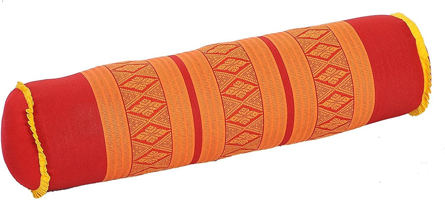 Bolster Pillow , 100 Percent Natural Kapok-Stuffing, Thai Design Orange and Red, 19.5"x5.5". Perfect as Yoga Prop or Decorative Interior Design.