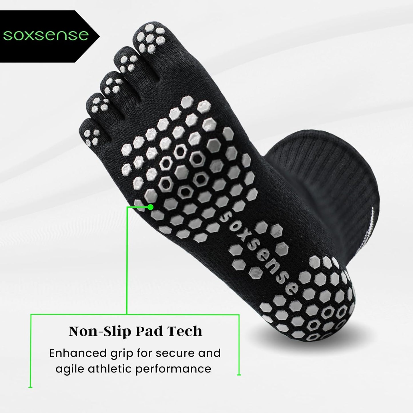 Soxsense Multi-Pack Sports Grip Toe Socks with Cushion, Non-Slip Finger Socks for Pilates, Home Gym, Soccer, basketball