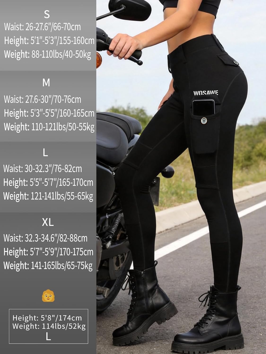 WOSAWE Women's Motorcycle Yoga Leggings with Removable Knee Pads Butt Lifting Cargo Pants