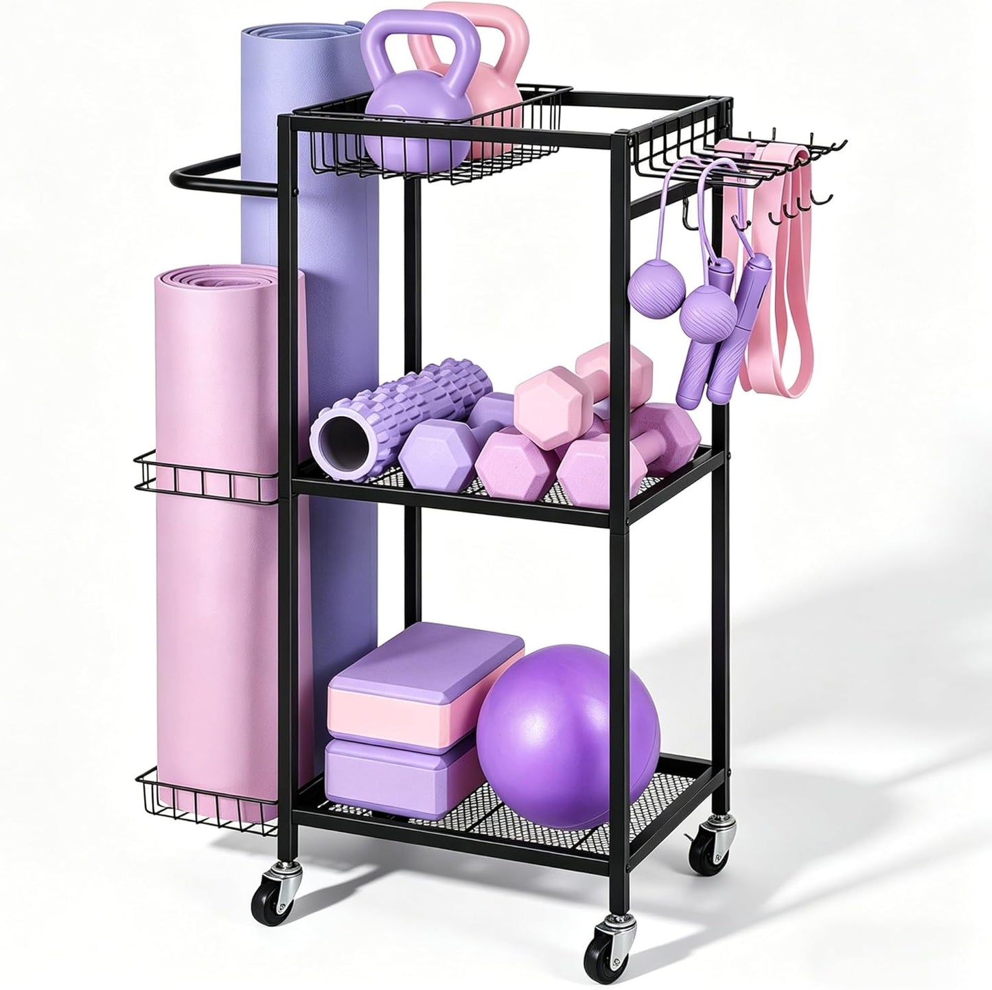Workout Equipment Storage Rack Metal Yoga Mat Storage Rack, Weight Cart Home Gym Storage Rack with Wheels for Dumbbells, Yoga Mats, Kettlebells, Foam Rollers