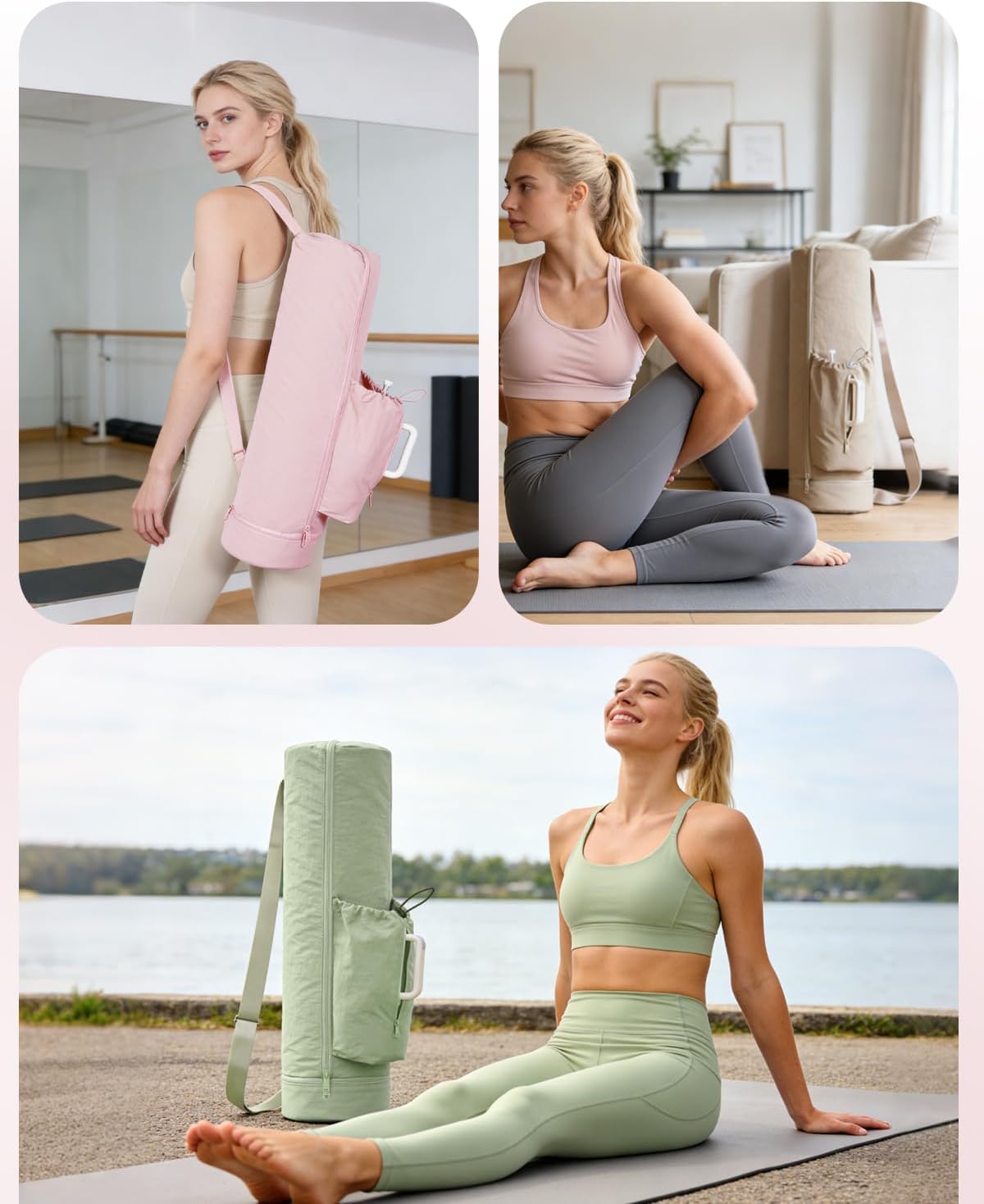 sportsnew Puffy Yoga Mat Bag Yoga Gym Bags for Women Men, Full-Zip Pilates Bag with Wet Pocket & Side Zip Drawstring Pocket Fits Tumblers with Handle, Yoga Mat Storage for Carrier Quick Access