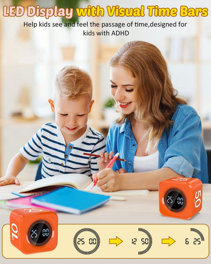 Digital Pomodoro Timer Cube 5/10/25/50min, Visual Productivity Flip Timer for Kids Classroom Desk, Custom Countdown, Silent and Sound Mode for ADHD Study Work Game Kitchen (Black)