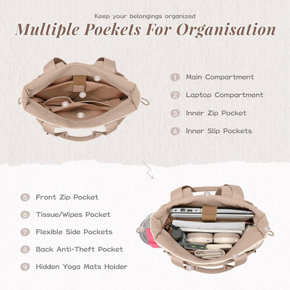 GOLF SUPAGS 3-in-1 Laptop Tote Backpack for Women 15.6" Quilted Work Gym Bag with Hidden Yoga Mat Carrier for Travel Leisure (Gravel Brown & Beige)