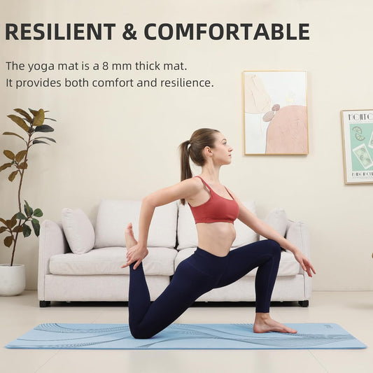 Yoga Mat Extra thick 8mm Exercise mat, Soft Lightweight TPE Fitness Mat with strap, High Elasticity, Anti-fatigue,non-slip mat for Women, Yoga, Camping, Travel, Gym & Outdoor | 72"L x 0.32"Th