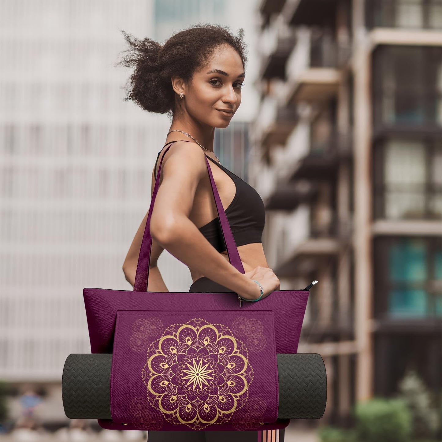 Yoga Bag for Women, Large Canvas Yoga Mat Tote Bag with Yoga Mat Carrier - Large Mat Pocket Fitness Tote for Pilates, Gym, Travel, Office & Beach